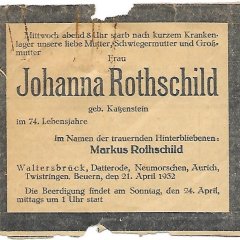 Todesanzeige von Johanna Rothschild, die der in Waltersbrück verbliebene Sohn Markus Rothschild im Namen aller Kinder im Fritzlarer Kreis-Anzeiger aufgab.