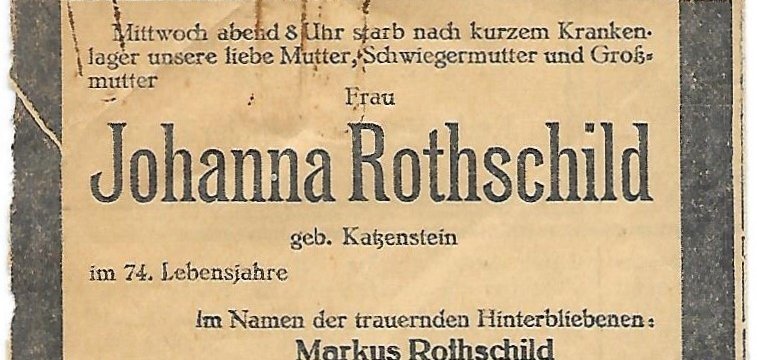 Todesanzeige von Johanna Rothschild, die der in Waltersbrück verbliebene Sohn Markus Rothschild im Namen aller Kinder im Fritzlarer Kreis-Anzeiger aufgab.